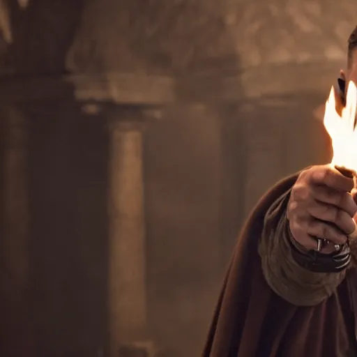 Image similar to A cinematic film still of Tom Hardy starring as Eddard Stark, he is holding a sword made of flame, portrait, 40mm lens, shallow depth of field, split lighting, cinematic