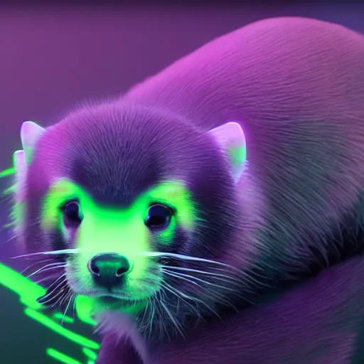 Image similar to neon fluorescent, iridescent cute ferrets cyperpunk 2 0 7 7, unreal engine 5, 8 k ultra realistic, hyperdetailed, volumetric lighting, extremely high quality