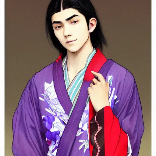 Prompt: teenager boy with straight indigo hair, purple eyes with red eye markers, slim body, wearing a detailed japanese kimono. modern, realistic, looking at the camera, enjoying life!!! elegant, highly detailed, digital painting, artstation, concept art, matte, sharp focus, illustration, art by artgerm and greg rutkowski and alphonse mucha