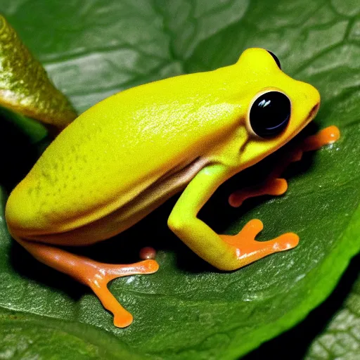 Image similar to yellow dart frog, dendrobatidae, chilling on a leaf, by artist giger, concept art for movie, super low saturated colors, extreme detail, 4 k, detailed rendering, realistic lighting, sharp focus, backlit