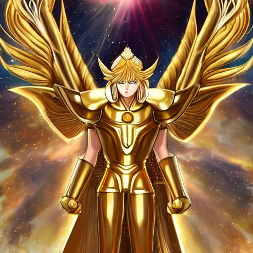 Prompt: A radiant, full body shot, photo of a 27-year-old Caucasian male wearing the Gemini Gold Armor, Beautiful gold Saint, Jaw-Dropping Beauty, gracious, aesthetically pleasing, dramatic eyes, intense stare, immense cosmic aura, from Knights of the Zodiac Saint Seiya, inside the Old Temple of Athena Greece, exquisite, art-gem, dramatic representation, hyper-realistic, live action, atmospheric scene, cinematic, trending on ArtStation, Pinterest and Shutterstock, photoshopped, deep depth of field, intricate detail, finely detailed, small details, extra detail, ultra detailed, attention to detail, detailed picture, symmetrical, octane render, arnold render, unreal engine 5, high resolution, 3D model, CGI, PBR, DAZ, path tracing, volumetric lighting, golden hour, 8k, Photoshopped, Award Winning Photo, groundbreaking, Deep depth of field, f/22, 35mm, make all elements sharp, at golden hour, Light Academia aesthetic and Socialist realism, by Annie Leibovitz