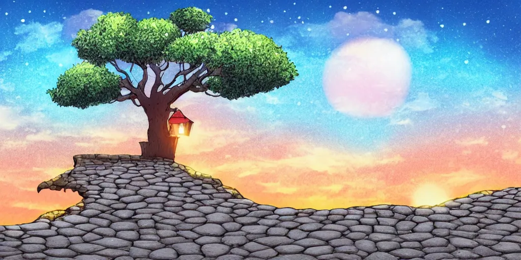 Image similar to a lonely cobblestone street with a tree on a cliff over the sea at sunset, 2d illustration, kawaii manga style