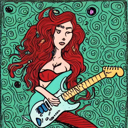 Image similar to illustration of a mermaid playing an stratocaster electric guitar, by Bill Watterson