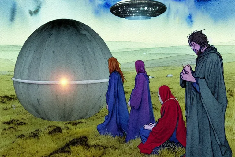 Image similar to a realistic and atmospheric watercolour fantasy character concept art portrait of a group of christians wearing robes and emerging from the mist on the moors of ireland at night. a ufo is in the background. by rebecca guay, michael kaluta, charles vess and jean moebius giraud