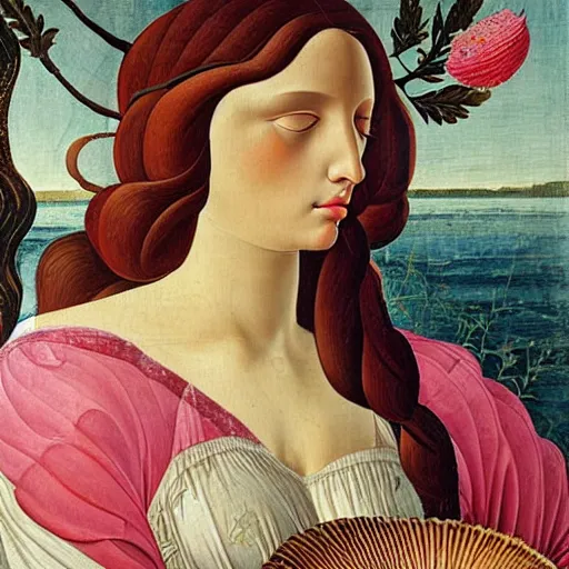 Image similar to an ultradetailed mythological oil painting of a beautiful woman with long brown hair, full body, wearing pink floral chiton, lying within a giant scallop shell, near the seashore, intricate lines, elegant, renaissance style, by sandro botticelli