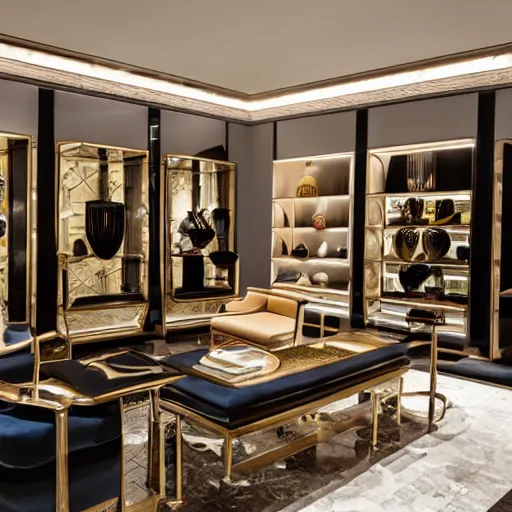 Prompt: critically acclaimed furniture design collection by gucci in a showroom