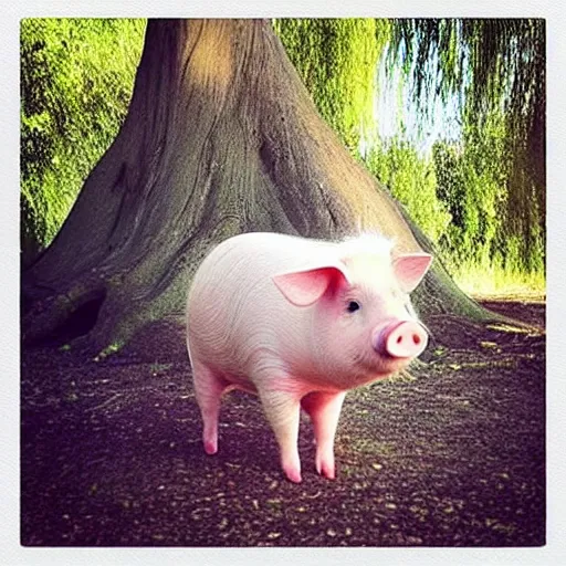 Image similar to “ a cute pig, meditating like buddha, large willow tree in the background. ”