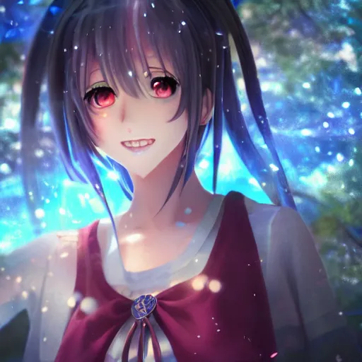 Image similar to Anime Teenage female Mage, outdoors lighting, astral background, detailed face,symmetrical face and body, confident, smile, detailed moisture, detailed droplets, detailed intricate hair strands, DSLR, ray tracing reflections, eye reflections, focused, unreal engine 5, vfx, post processing, post production, Arcane Style, 8k