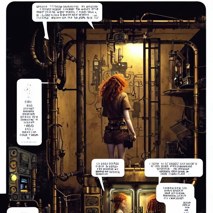 Prompt: sadie sink as a miner inside a minimalist steampunk automated kiosk with options to choose from. scifi cyberpunk. by gabriel hardman, joe alves, chris bonura. cinematic atmosphere, detailed and intricate, perfect anatomy