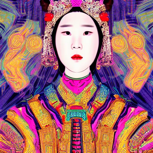 Prompt: portrait of a korean queen in ancient times, acid trip art style, obnoxious art style, cyberpunk aesthetic