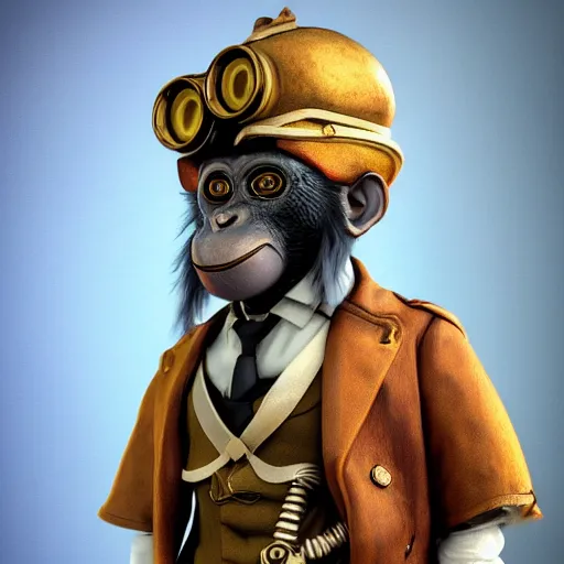 Image similar to steampunk monkey, portrait, robot, concept art, rim light, sharp focus, tilt shift, octane render, anime, moebius, highly detailed