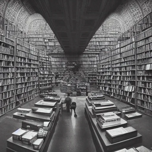 Prompt: “overlooking the top of a maze inside Powell’s City of Books. Brutalist black and white analog photo. Hyperrealistic, benchmark resolution photo”