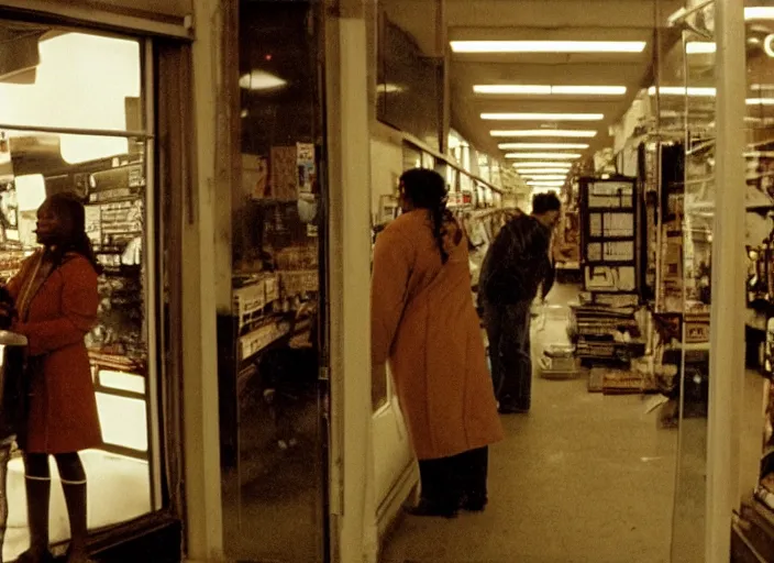 Prompt: cinematic shot of backlit windows of a narrow used electronics store where octavia spencer looks for an old synthesizer in the cramped messy aisles,, iconic scene from the paranoid thriller sci fi film directed by stanley kubrick, set in the near cyberpunk future, anamorphic cinematography, beautiful composition, color theory, leading lines, photorealistic, volumetric lighting