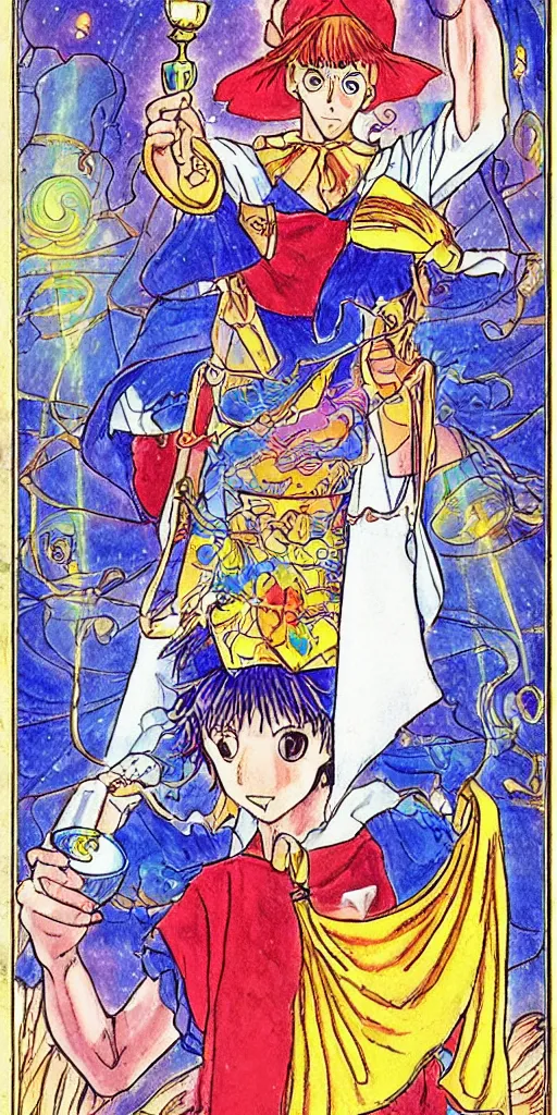 Image similar to a mystical man with a goblet on the table, wizard hat, drawn by Naoko Takeuchi, impressive line work, tarot card. tarot card the magician, psychedelic