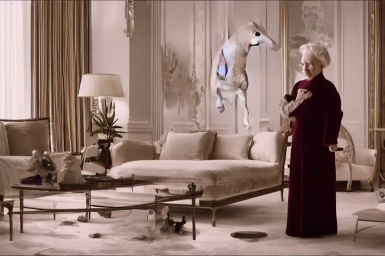 Image similar to VFX movie of old woman applauding sleek futuristic butler robot in a decadent living room by Emmanuel Lubezki