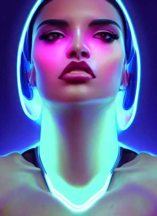 Image similar to a hispanic female humanoid, cyber neon lighting, futurism, cyberpunk high fashion, glamor profile pose, hyper photorealistic, beautiful futuristic jewelry, crispy quality, digital photography, trending in artstation, trending in pinterest, cinematic, 4 k ultra hd, art by pascal blanche, art by artgerm, art by greg rutkowski,