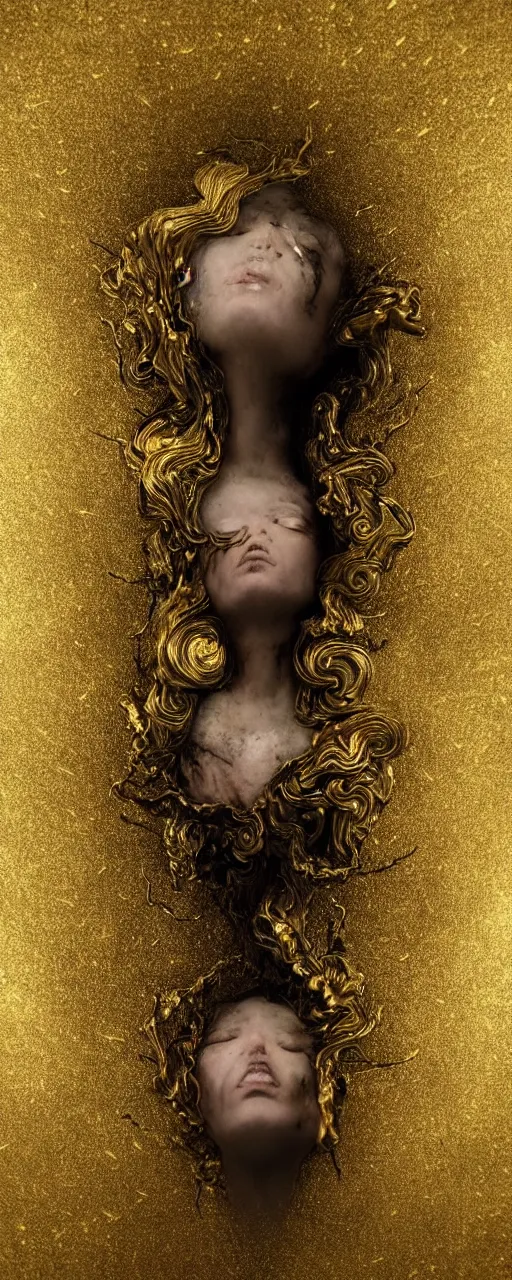 Image similar to Hyper realistic portrait of a surreal goddess floating in the dark night, gold dripping in spiral, Mistic ambient, ultra super good realistic 3D render by Pete Morbacher and Emil Melmoth, insanely detailed, trending on artstation, sharp focus