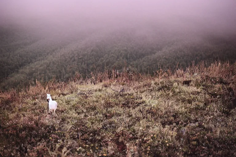 Prompt: holy discord moderator on top of a tall mountain, blue fog, tornadoes surrounding, film photography, soft lighting, vignette