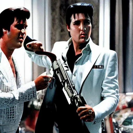 Image similar to elvis as tony montana in scarface with a tommy gun