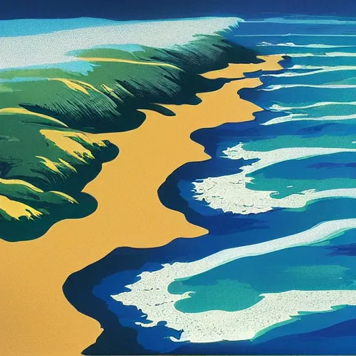 Image similar to top down view of a coastline with waves crashing on the shore, shades of blue, by eyvind earle