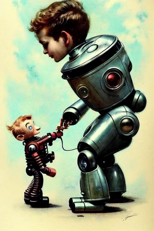 Image similar to ( ( ( ( ( 1 9 5 0 s a boy playing with his robot lost in space robot b 9. muted colors. ) ) ) ) ) by jean - baptiste monge!!!!!!!!!!!!!!!!!!!!!!!!!!!