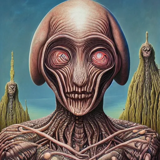 Image similar to female alien Protagonist by jacek yerka, alex gray, zdzisław beksiński, dariusz zawadzki, jeffrey smith and h.r. giger, oil on canvas, 8k highly professionally detailed, trending on artstation