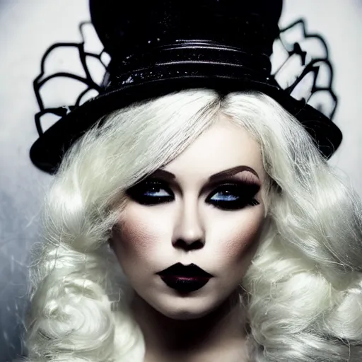 Prompt: modeling photograph kerli koiv in victorian dress, blonde, beautiful, dark, mysterious, bubble goth makeup, detailed symmetrical face, dramatic darkroom lighting high exposure