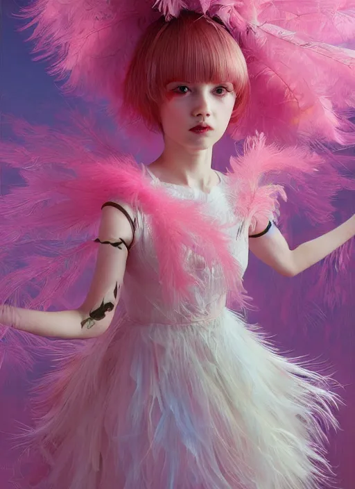 Image similar to beautiful little girl with an pink eccentric haircut wearing an dress made of feathers dancing on stage, artwork made by ilya kuvshinov, inspired in donato giancola, hd, ultra realistic, reflection, flowers, light, realistic face, bird, trending on pixiv, 8 k, ray tracing