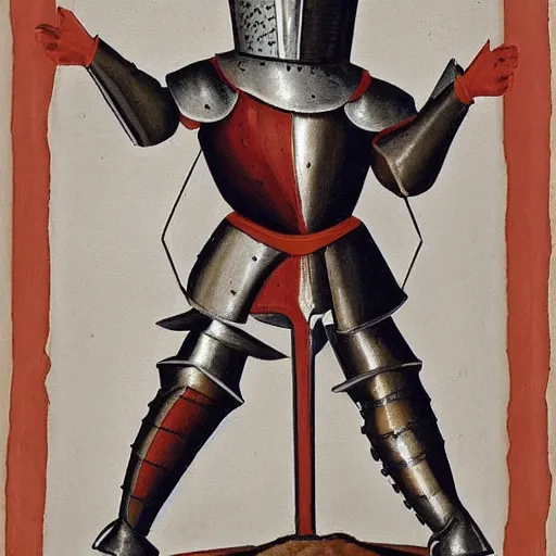 Image similar to medieval armored knight with only one arm and with a bucket on his head, painting