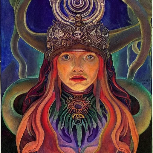 Image similar to the tentacle crown, by Annie Swynnerton! and Nicholas Roerich and (((Diego Rivera))), bioluminescent skin, tattoos, elaborate costume, geometric ornament, symbolist, rich colors, dramatic lighting, smooth, sharp focus, extremely detailed