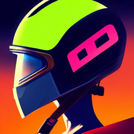 Image similar to profile photo of a driver with a helmet and a visor with eye lashes, side profile on a neon racing track, cinematic, 8k, highly detailed, digital painting, artstation, concept art, smooth, sharp focus, illustration by Sandra Chevrier