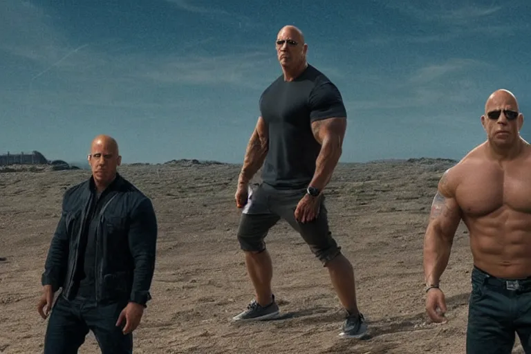 Prompt: vin diesel as dwayne johnson, low isometric perspective, cinematic still, movie still, long lens, shallow depth of field, bokeh, anamorphic lens flare, 8 k