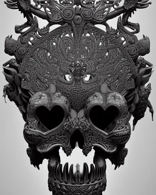 Image similar to 3 d ornate carved water heart, sigma 5 0 0 mm f / 5. beautiful intricate highly detailed quetzalcoatl skull. bioluminescent, plasma, lava, ice, water, wind, creature, thunderstorm! artwork by tooth wu and wlop and beeple and greg rutkowski, 8 k trending on artstation