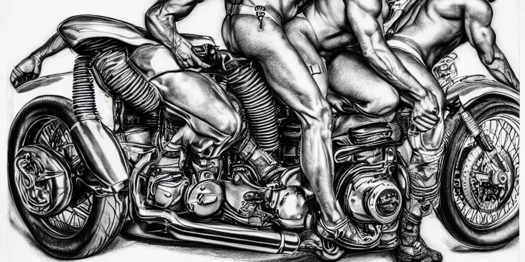 Image similar to men and motorcycles, detailed physique pictorial high quality pencil and ink drawing by tom of finland