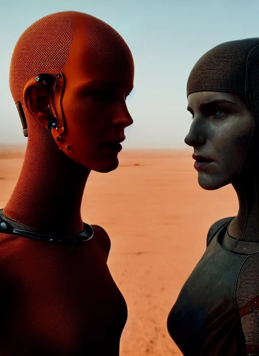 Prompt: cinestill 5 0 d photographic portrait by steve mccurry of two loving female androids wearing rugged black mesh techwear on a desolate plain of existence, extreme closeup, cyberpunk style, dust storm, 8 k, hd, high resolution, 3 5 mm, f / 3 2, ultra realistic faces, ex machina