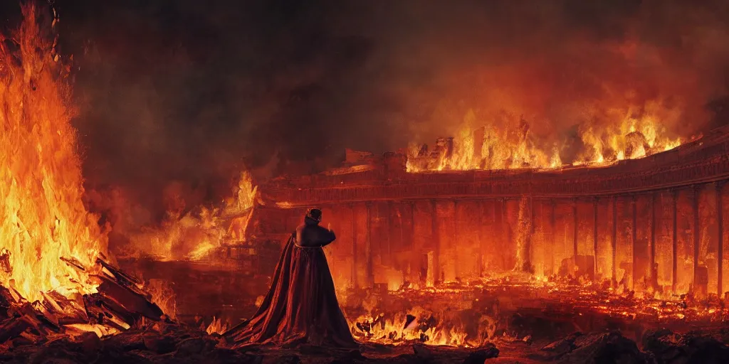 Prompt: Painting of Emperor Nero watching the great fire of rome, abstract, realism, 8k, detailed, terror, octane render, 3d render, complex emotion, glow