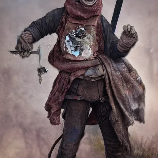 Image similar to a high detail shot of a dirty, homeless humanoid cat wearing rags, holstering sword, realism, 8 k, fantasy, d & d, concept art