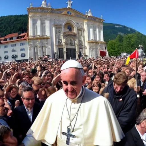 Prompt: the pope in the streets of austria, riding a horse, taken on go pro hero8