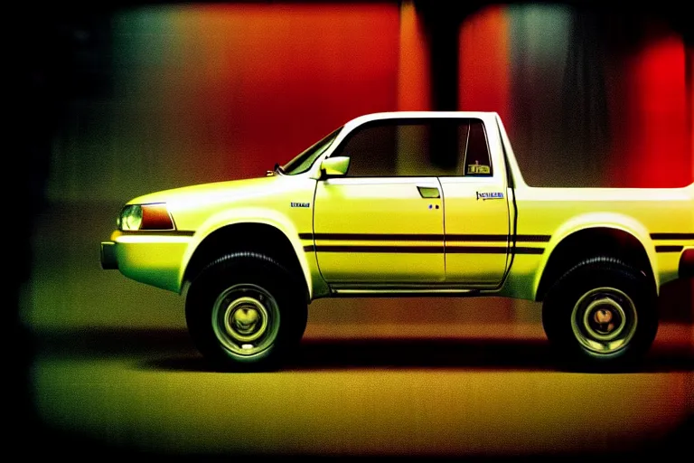 Prompt: stylized poster of a toyota hilux technical concept, thick neon lights, ektachrome photograph, volumetric lighting, f 8 aperture, cinematic eastman 5 3 8 4 film