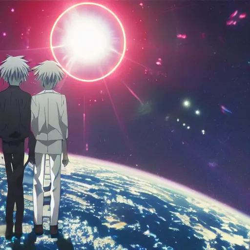 Prompt: From evangelion, Kaworu hugging Shinji from the back with the red sunshine shining on their legs in front, 4k,