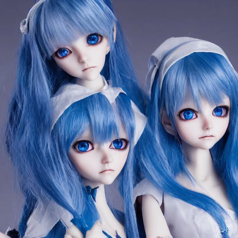 Image similar to dollfie gothic face, profesional studio portrait, blue hair, blue and bright eyes, zoom in, highly detailed