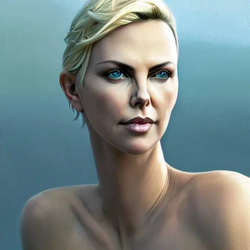 Prompt: nature photography of cherlize theron face fused with a heron fish ( ( charlize theron fish hybrid with charlize theron face ) ), charlize theron sentient fish face, by greg rutkowski
