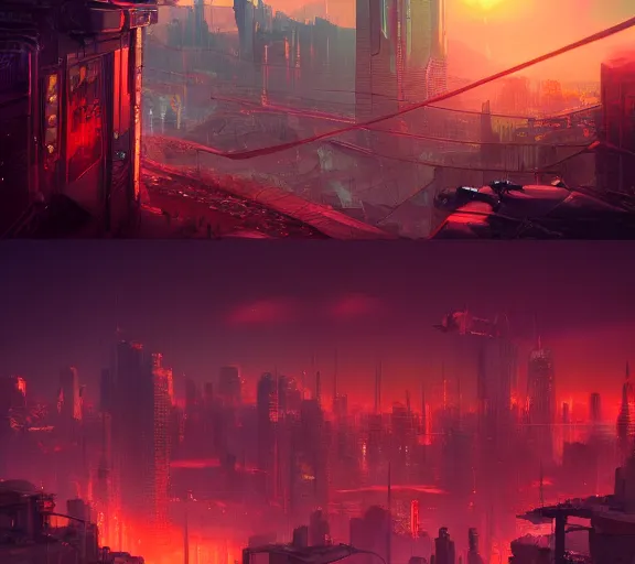 Image similar to cyberpunk fantasy world with beautiful sunse, amazing digital art, trending on artstation