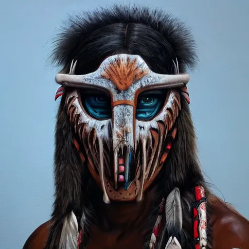 Image similar to painting portrait of a native american wearing a predator face mask, artstation, ultra detailed