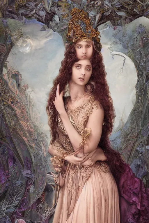 Image similar to elaborately hyperdetailed Surrealist pre-raphaelite illustration of an extremely beautiful regal woman with an imponent crown, eerie mist and ethereal pink bubbles, Aetherpunk, atmospheric lighting, bright background, moonlight, high fantasy professionally painted digital art painting, smooth, sharp focus, highly detailed illustration highlights, backlight, golden ratio, 8K detail post-processing, symmetrical facial features, rich deep moody colors, award winning picture, Daily Deviation on DeviantArt, trending on cgsociety, featured on ArtstationHQ, very coherent symmetrical artwork, concept art