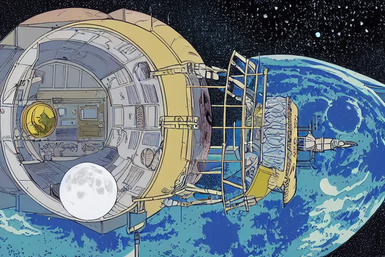 Image similar to a scifi illustration, hyper detailed external view of a lunar colony. cinematic wes anderson composition. flat colors, limited palette in FANTASTIC PLANET La planète sauvage animation by René Laloux