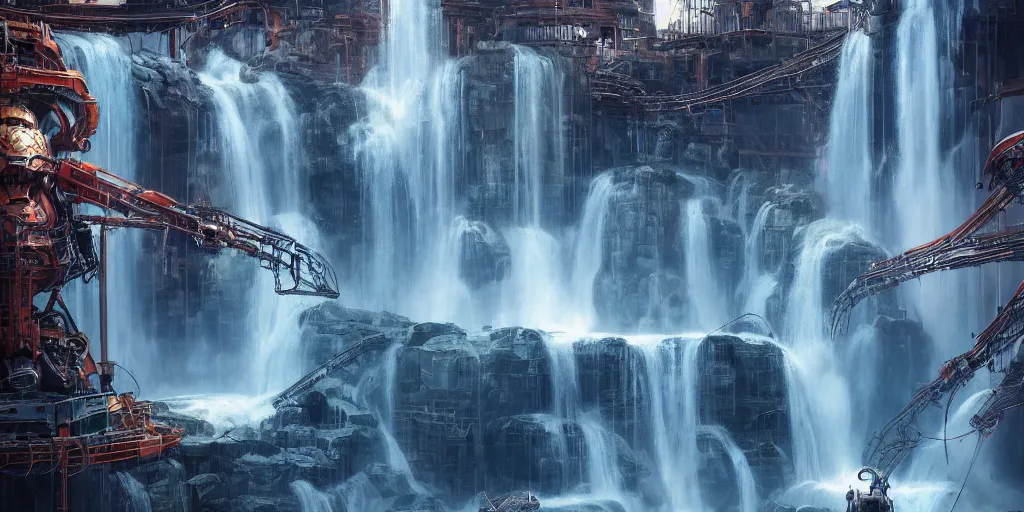 Image similar to beautiful pool waterfalls surrounded by alien robots, steel archways, industrial buildings, rusty metal towers, sun setting, ross tran, fantasy, james jean, peter morbacher, angelarium, alchemy, luxury, heavenly light, soft illumination, trending on artstation, cinematic lighting, digital painting, octane render, artgerm