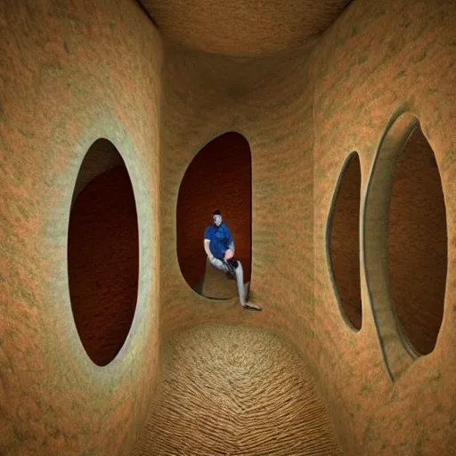 Image similar to man living inside a bread seen from outside, hyper detailed