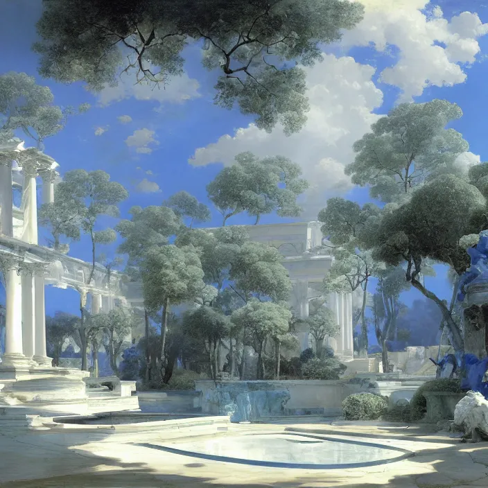 Prompt: gardens of marble draped in flowing sheets of cobalt blue satin and silver satin, by syd mead and ivan aivazovsky and alma tadema and pieter claesz and moebius, hyperrealistic, volumetric light, octane render