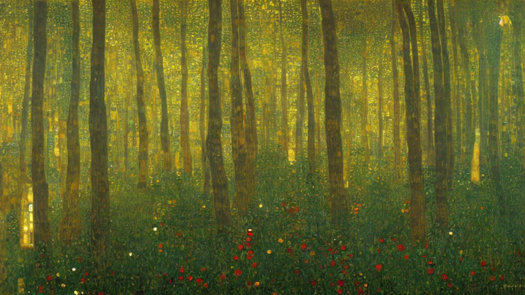 Image similar to A Gustav Klimt oil painting of a hauntingly beautiful elven forest in the morning; rays of light coming through the canopy; trending on artstation; extraordinary masterpiece!!!!!!; 8k